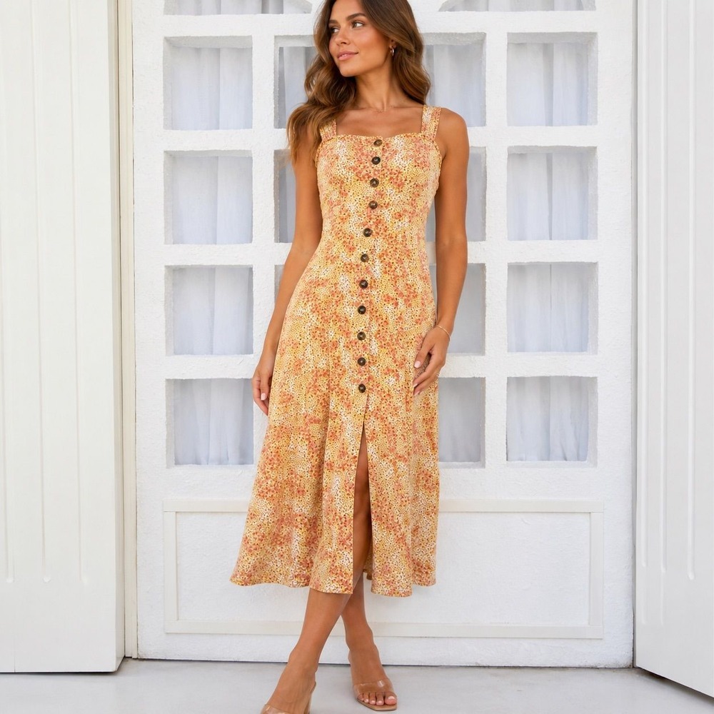 Yellow Orange Floral Button Down Midi Dress Smocked Back Sleeveless Square Neck